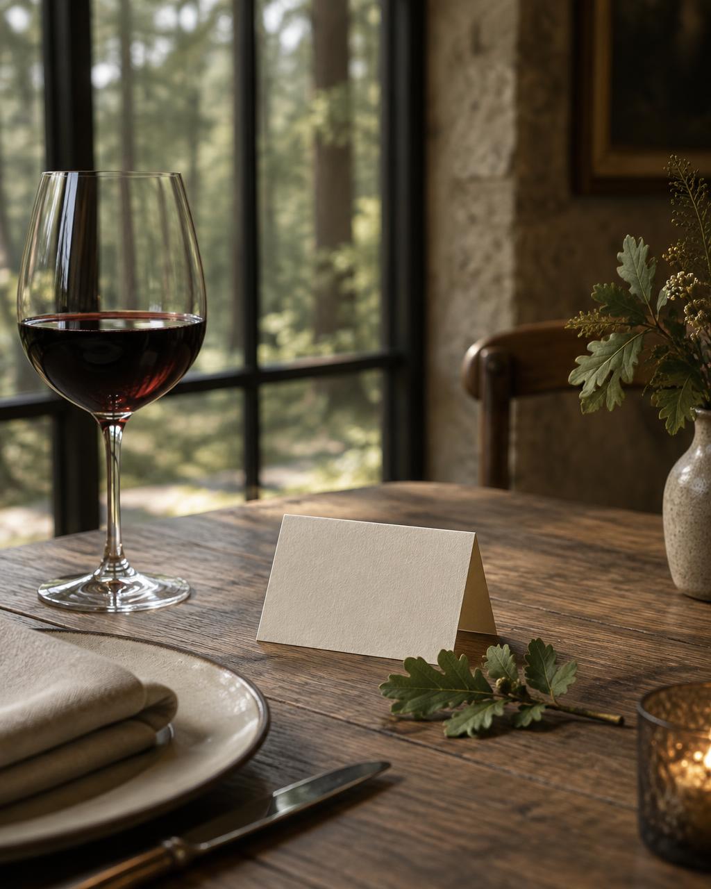 A bare oak table set with one glass of red wine and a folded place card, forest light through the window